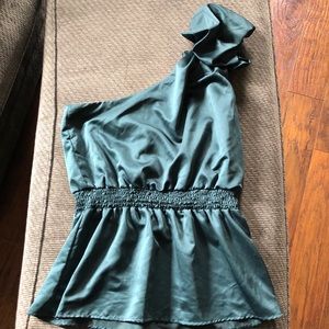 Emerald green satin one shoulder top with bow